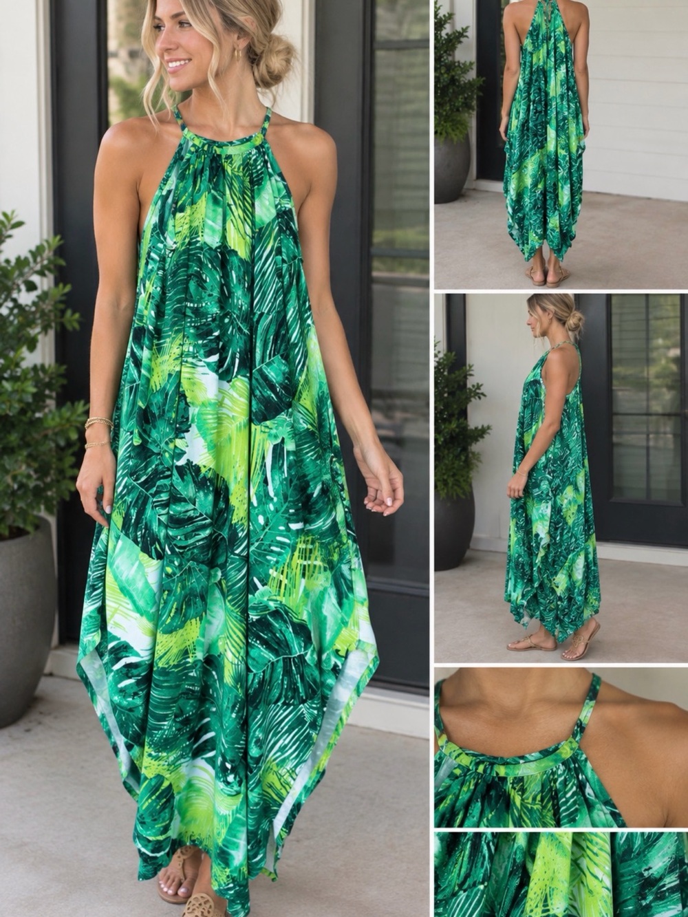 Green Tropical Halter Maxi Dress for Women